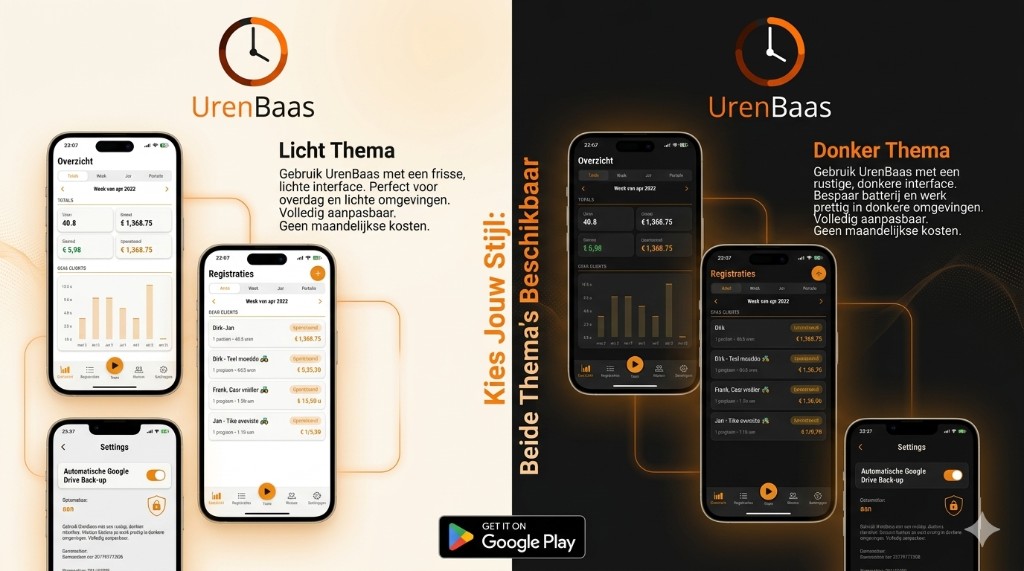 UrenBaas app in licht en donker thema